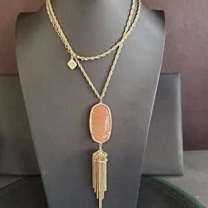 Kendra Scott Rayne Long Tassel Pendant Necklace Gold Plate Goldstone Sparkle